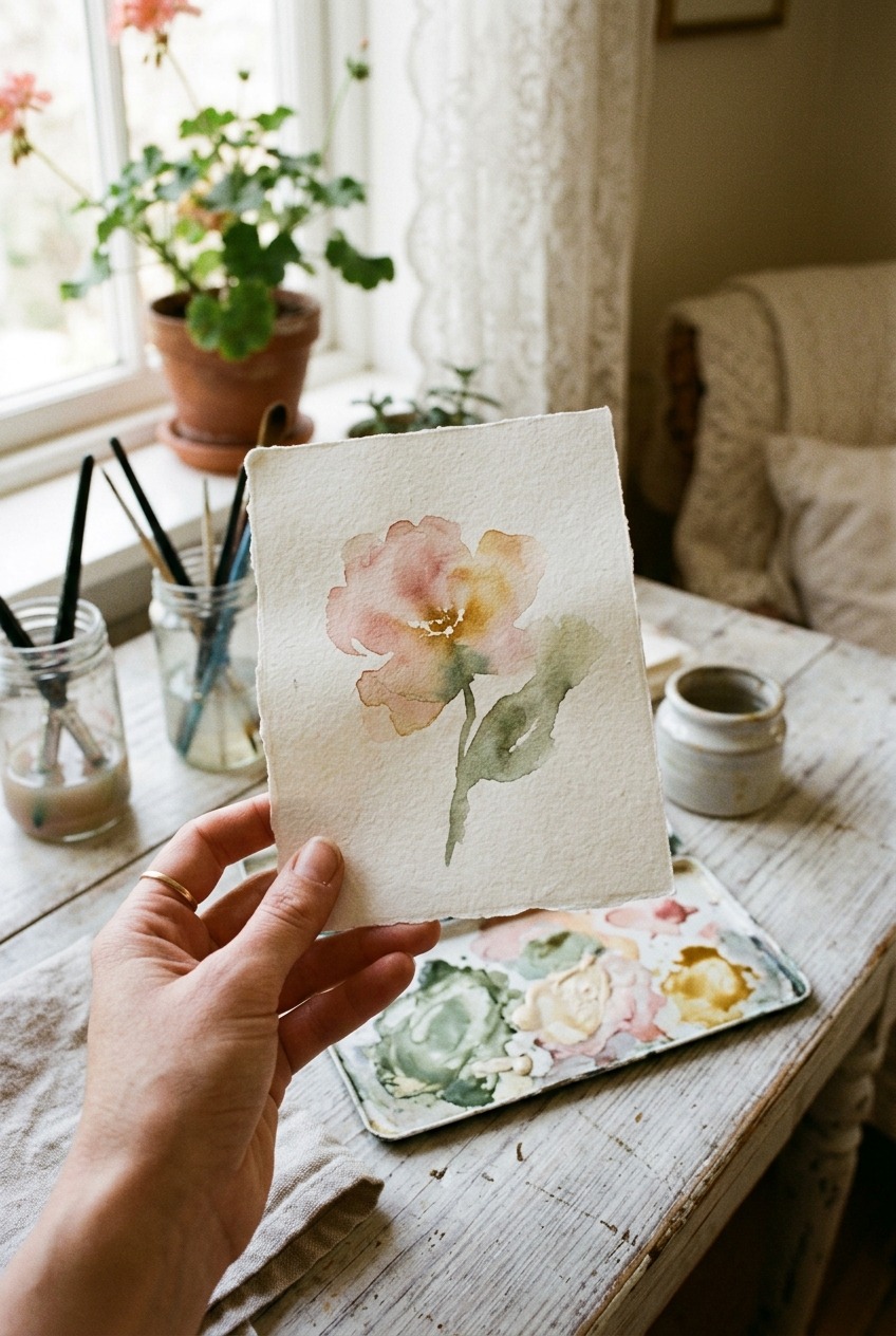 A hand holding a wet-on-wet watercolour flower study with soft wonky edges, painted by a beginner