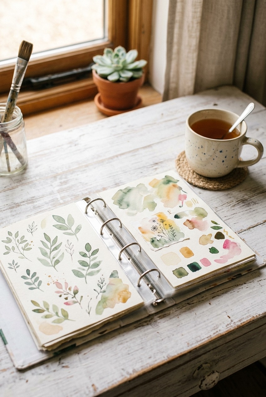 An open flip file of finished wonky watercolour practice pages building into a personal workbook, with a mug of tea