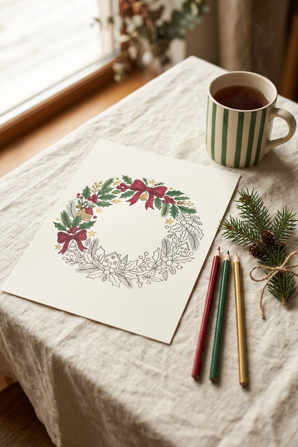 A partly finished Christmas wreath coloring page with pencils on a linen cloth