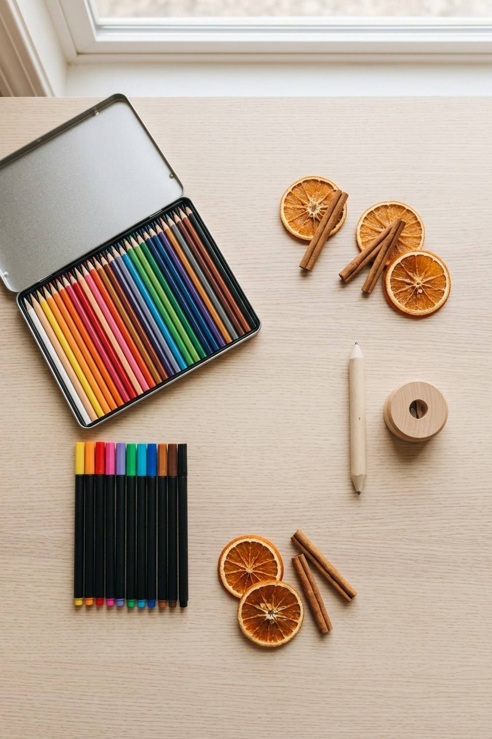 Coloured pencils, fine liner pens and a sharpener laid out for adult coloring