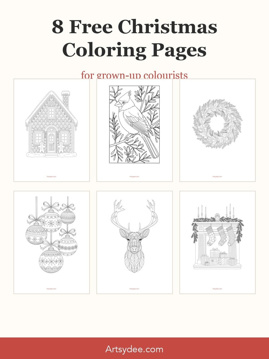 The eight free Christmas coloring pages for adults laid out as a printable pack