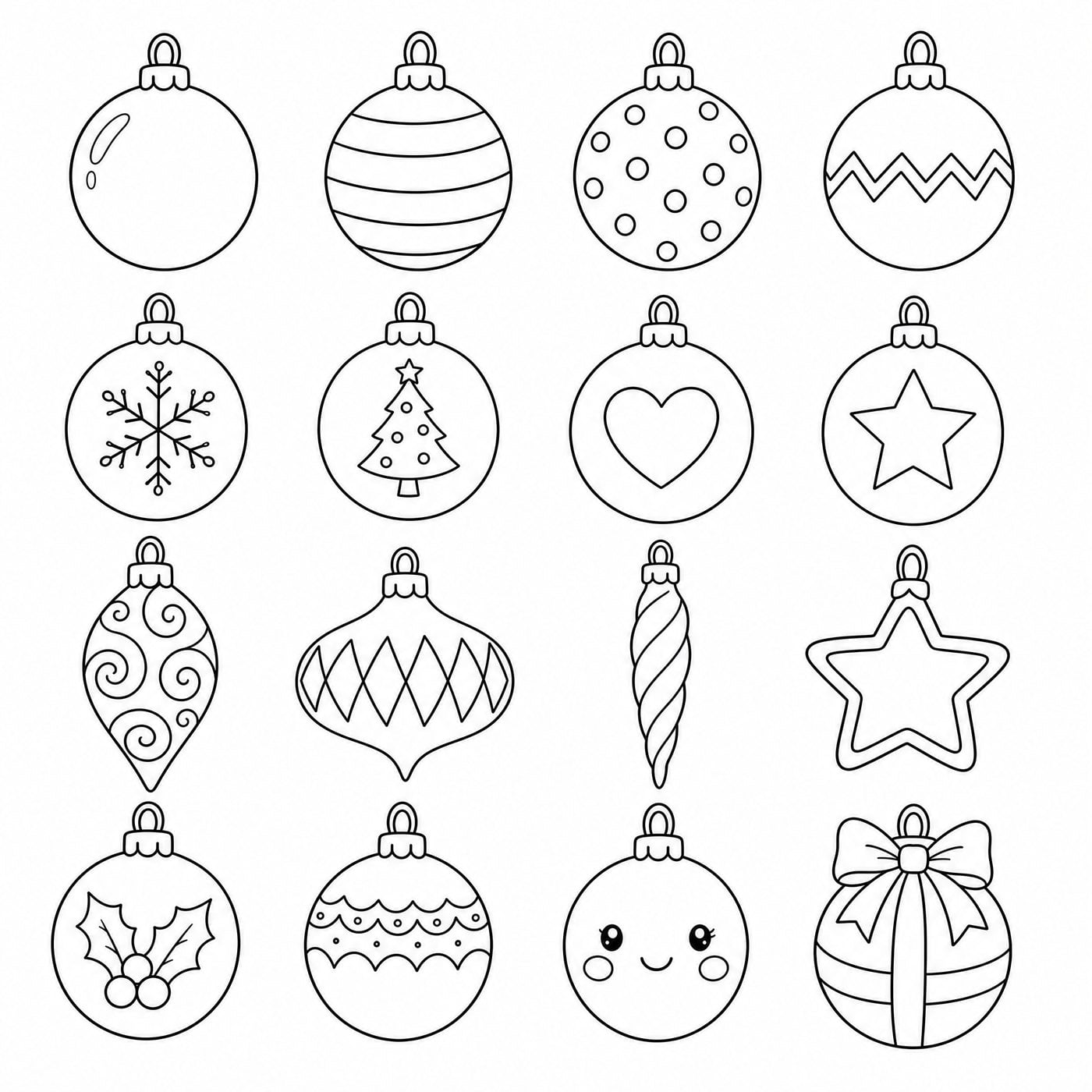 Sixteen Christmas ornament drawings in black line art: plain, striped, polka dot, zigzag, snowflake, little tree, heart, star, swirl drop, diamonds, icicle, star shape, holly, lace, cute face and bow