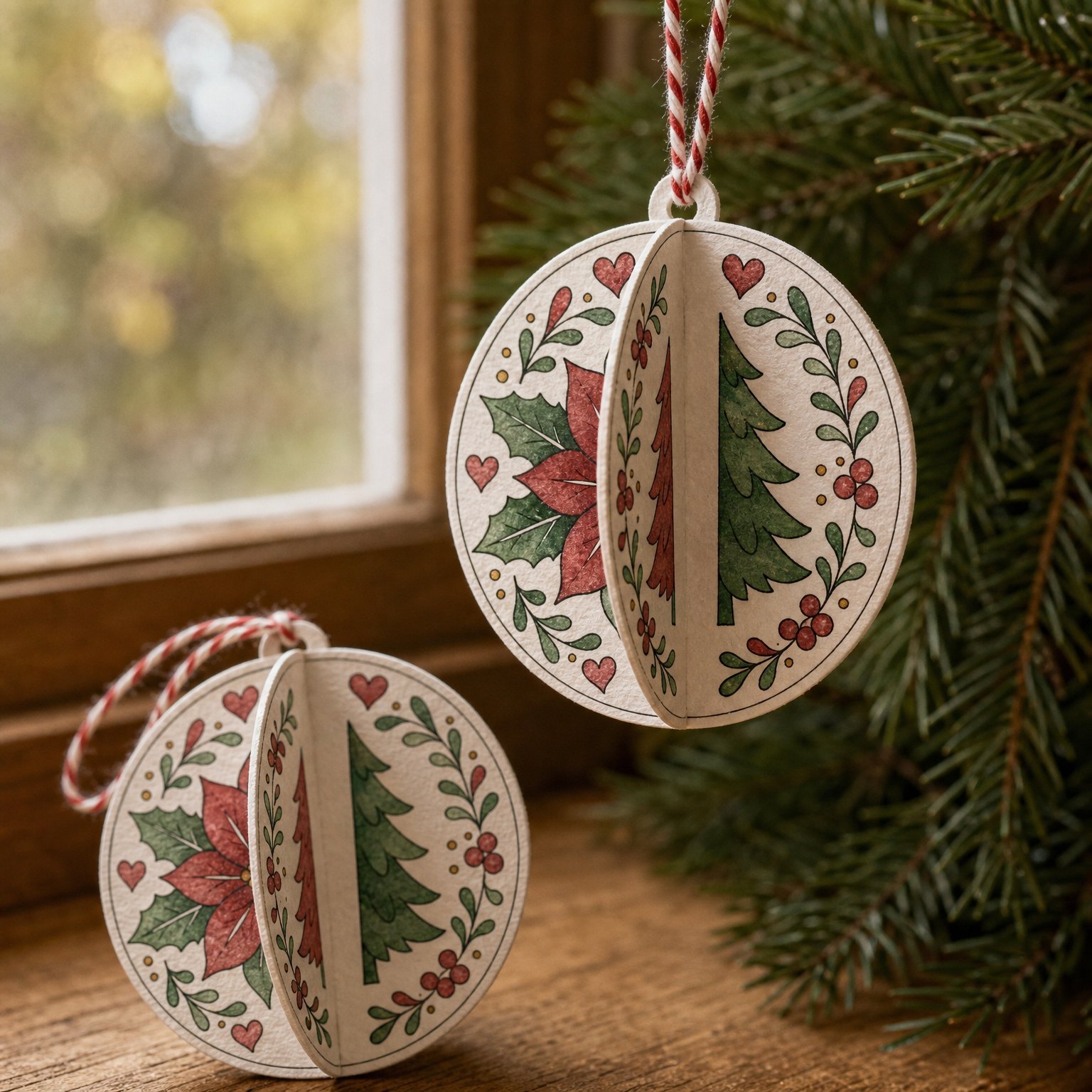 A 3D paper Christmas bauble made from two painted circles slotted together, hanging on baker's twine by a window, with a second one on the sill