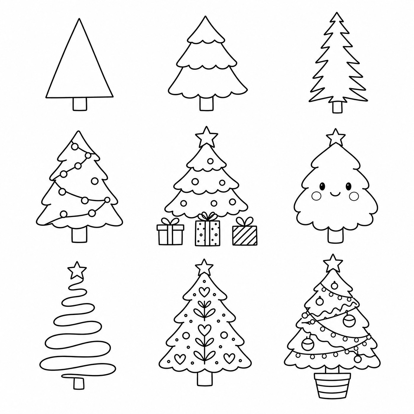 Nine easy Christmas tree drawings in black line art: triangle tree, wavy tiers, zigzag pine, bead garland, star and presents, cute face, swirl tree, folk hearts and a fully decorated tree