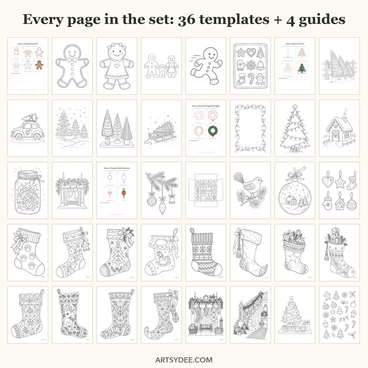 Every page in the Christmas Drawing Templates set: 36 gingerbread, tree, lights, ornament and stocking templates plus 4 step-by-step guides