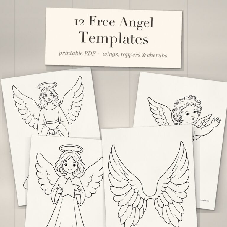 Printed angel templates fanned out on a white-washed desk under a cream title card reading 12 Free Angel Templates