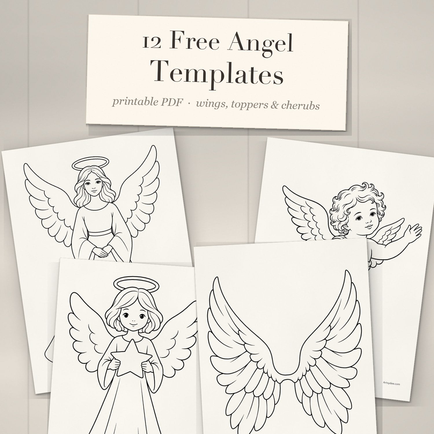Printed angel templates fanned out on a white-washed desk under a cream title card reading 12 Free Angel Templates