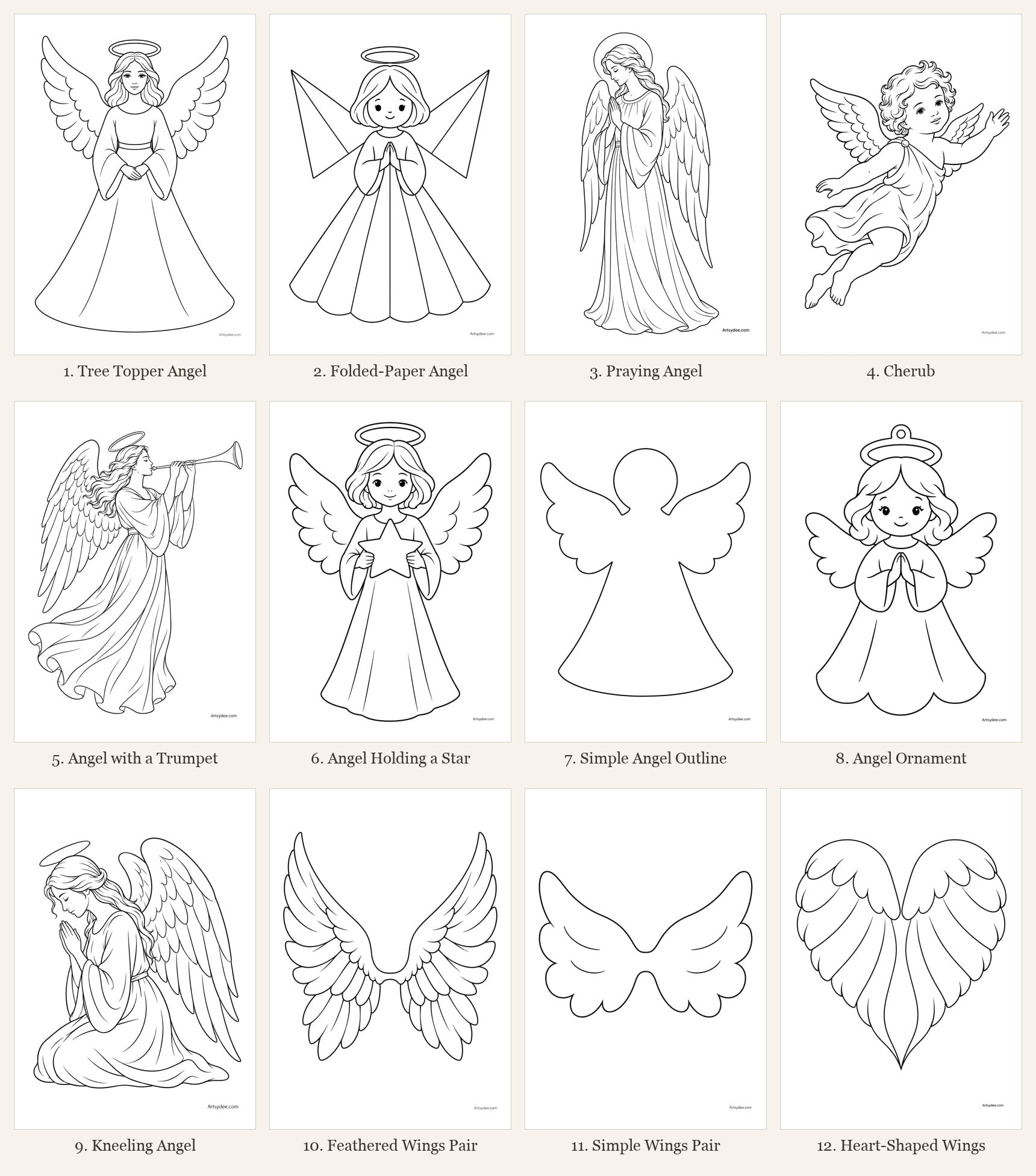 All 12 free angel templates at a glance: tree topper, folded-paper, praying, cherub, trumpet, holding a star, simple outline, ornament, kneeling, feathered wings, simple wings and heart-shaped wings