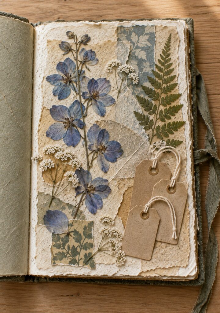 Close-up of an art journal page with pressed blue delphiniums, a fern and kraft tags