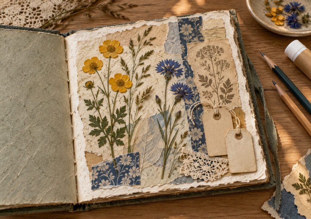 Art journal page with pressed buttercups, cornflowers and blue floral paper strips on a desk
