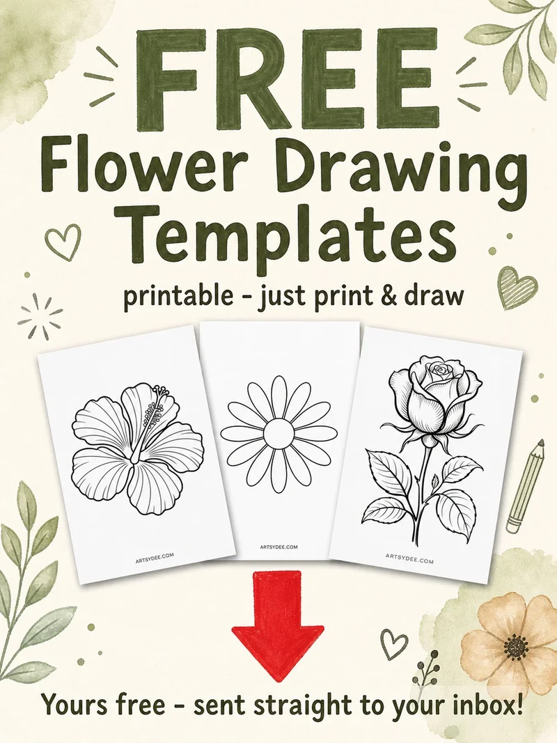 Three free printable flower drawing templates: hibiscus, daisy and rose outlines to trace and draw