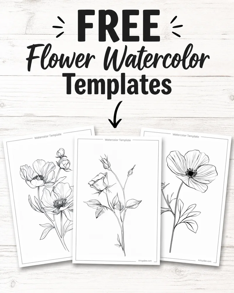 Three free printable watercolour flower templates: poppy, rose and anemone pencil outlines ready to paint