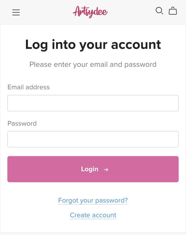 The Artsydee shop login page on Payhip, with the email and password boxes and the Forgot your password and Create account links