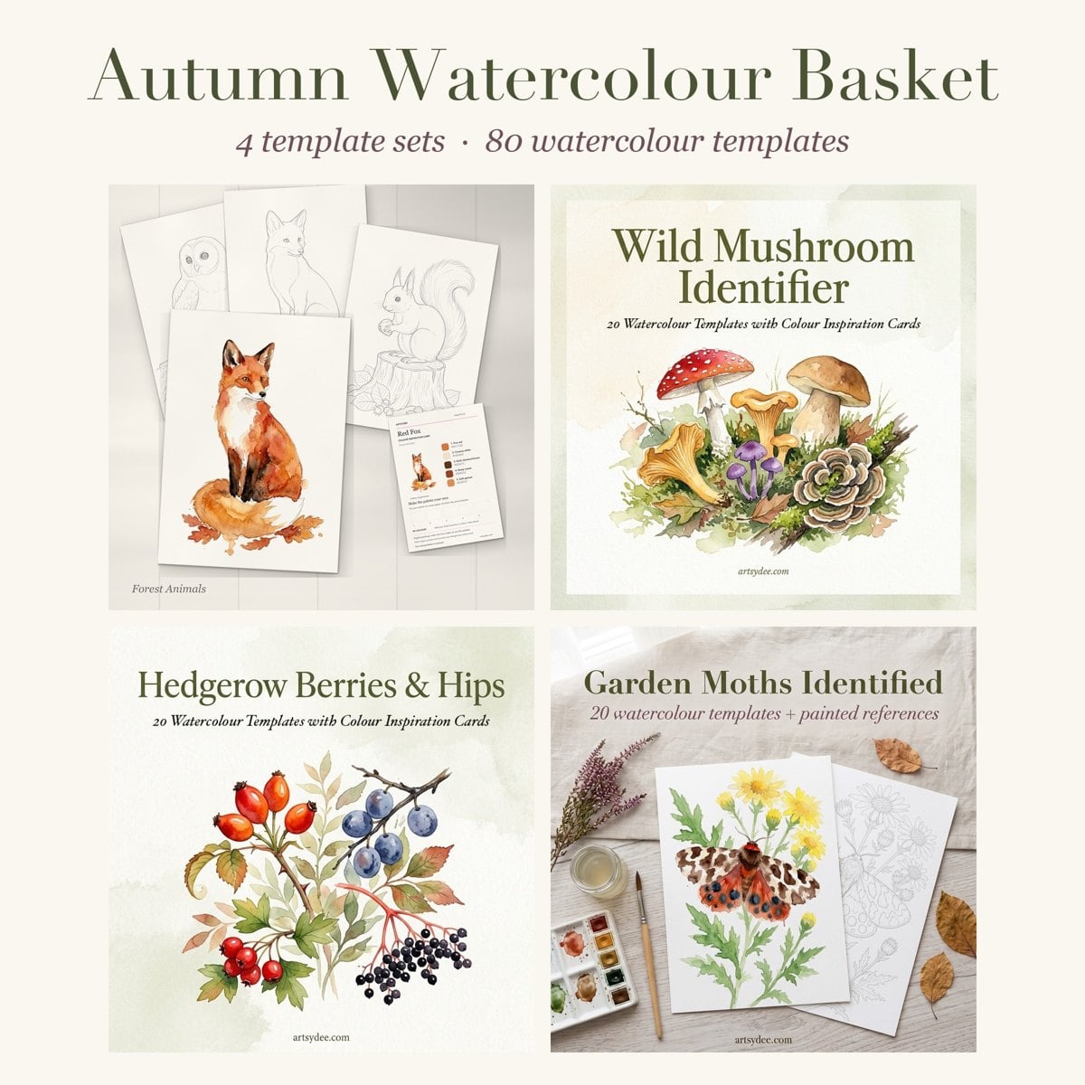 Autumn Watercolour Basket: four autumn watercolour template sets, 80 templates