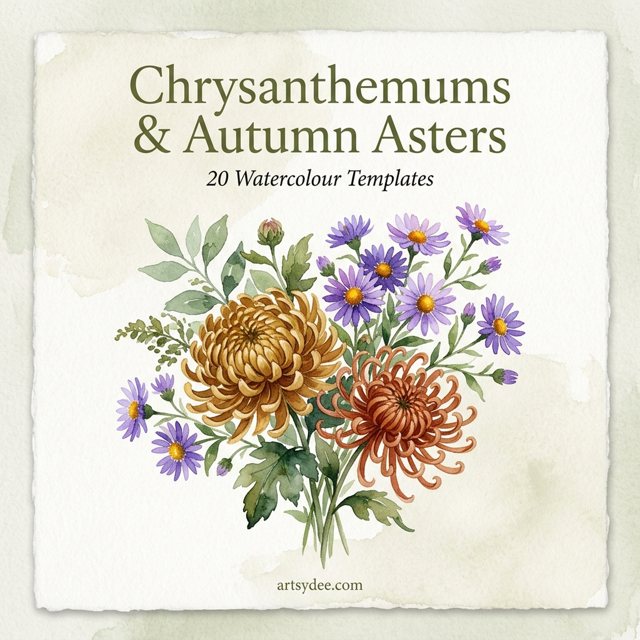 Chrysanthemums and Autumn Asters watercolour template set cover with a painted autumn bouquet