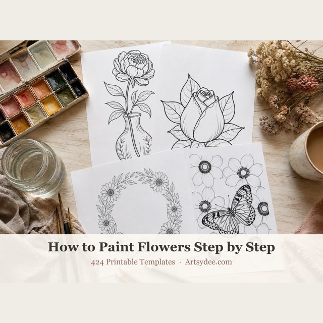 How to Paint Flowers Step by Step: printed flower outline templates on a desk beside a watercolour palette