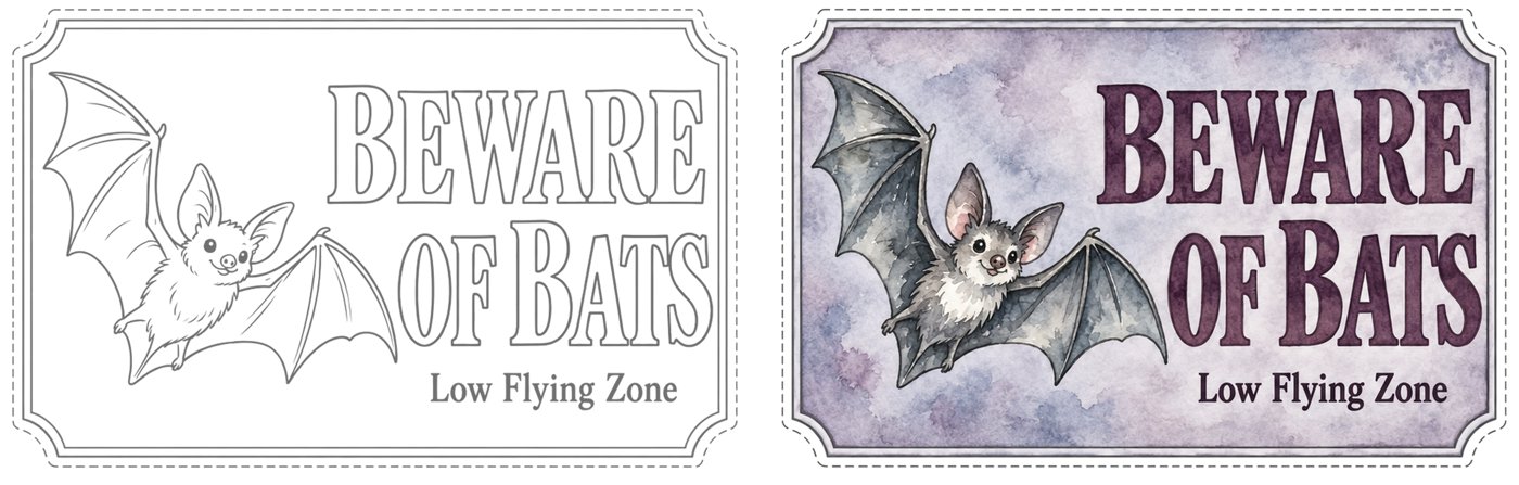 Beware of Bats printable Halloween sign shown as a pencil outline to paint and as a finished watercolour version