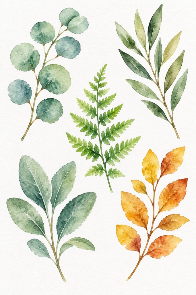 Easy watercolor example of a botanical study page with eucalyptus, fern, willow, sage and autumn leaves