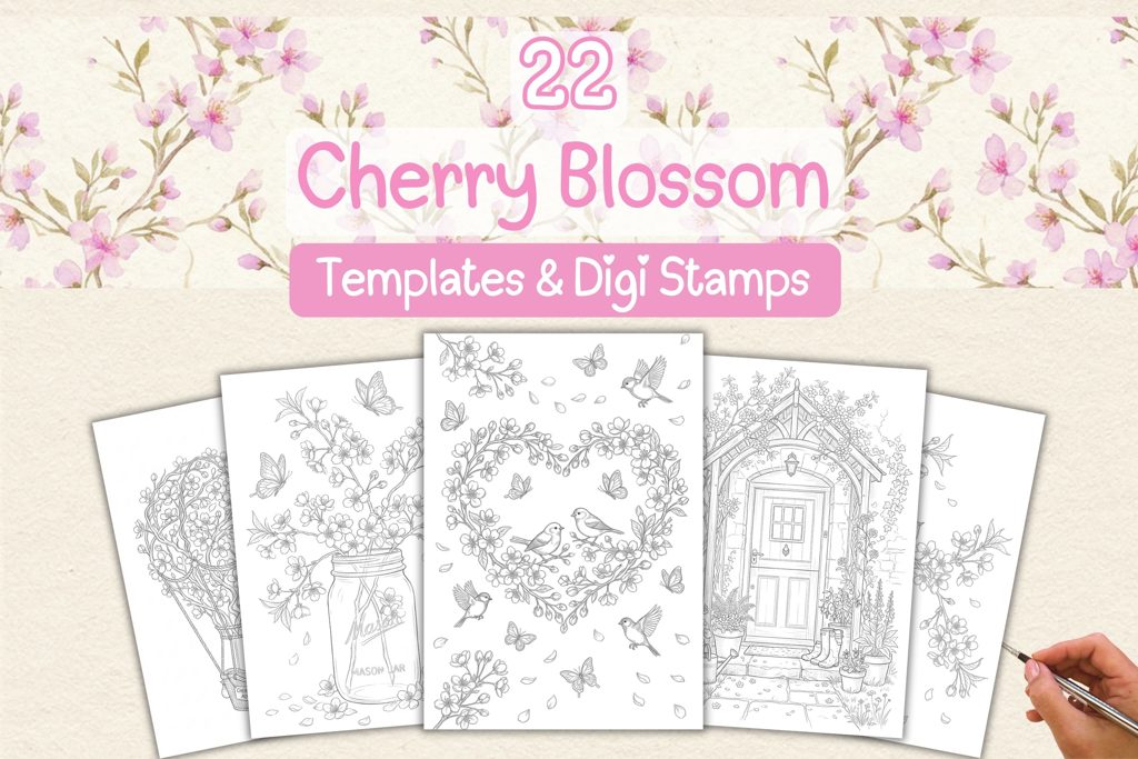 22 cherry blossom watercolor templates and digi stamps by Artsydee