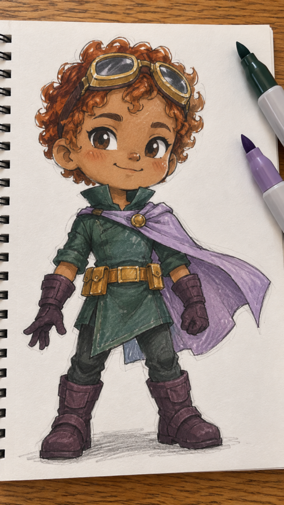 Chibi superhero marker drawing in a sketchbook, with goggles and a lavender cape