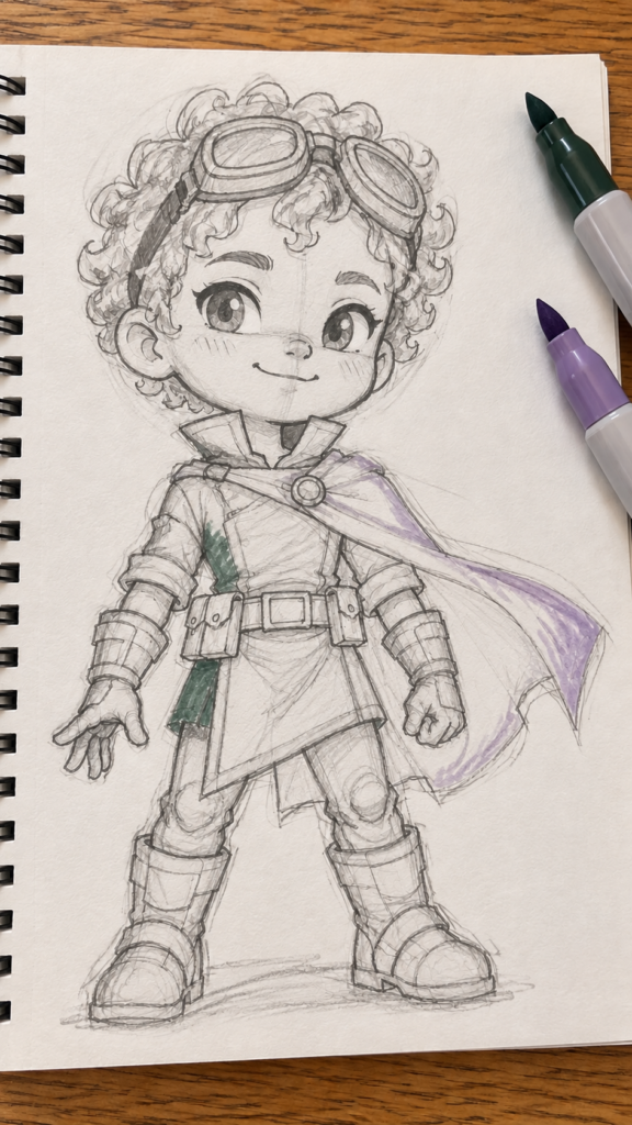 Early-stage pencil sketch of a chibi superhero in a sketchbook with a little marker colour