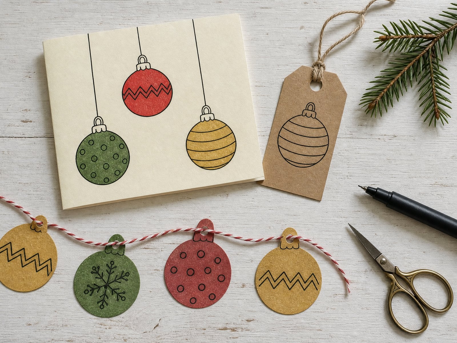 Bauble doodles on a homemade Christmas card, a kraft gift tag and paper bauble bunting strung on baker's twine