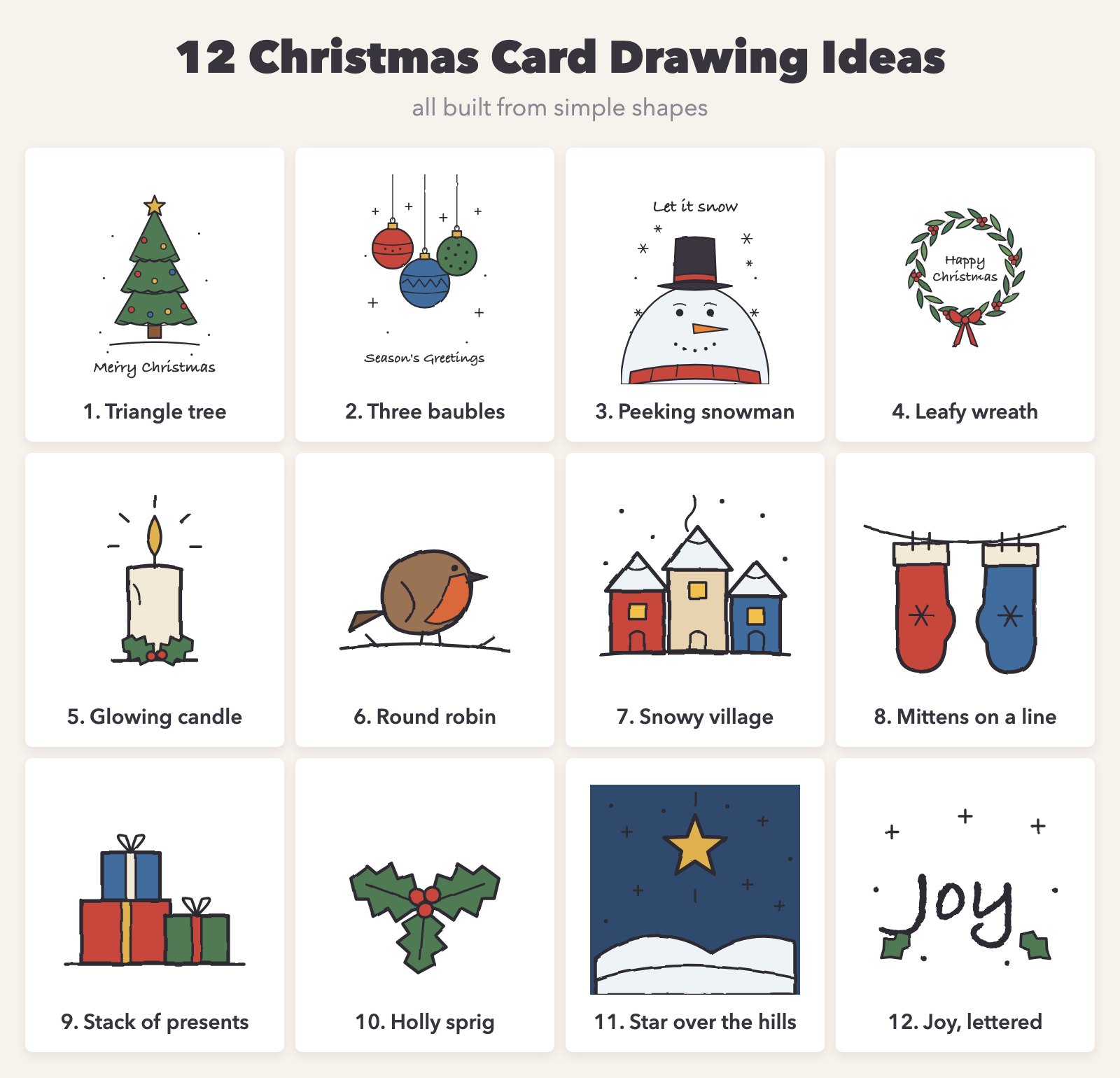 Twelve simple Christmas card drawing ideas in colour: a triangle tree, baubles, a peeking snowman, a leafy wreath, a candle, a robin, a snowy village, mittens, presents, holly, a star over hills and Joy lettering