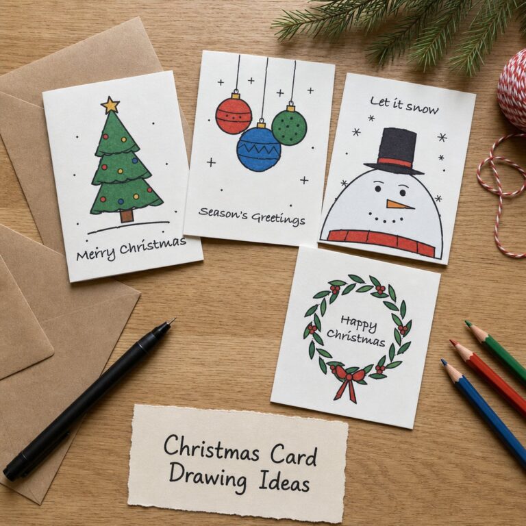 Four hand-drawn Christmas card fronts coloured in pencil on a wooden desk with kraft envelopes, a fineliner and a Christmas Card Drawing Ideas title card