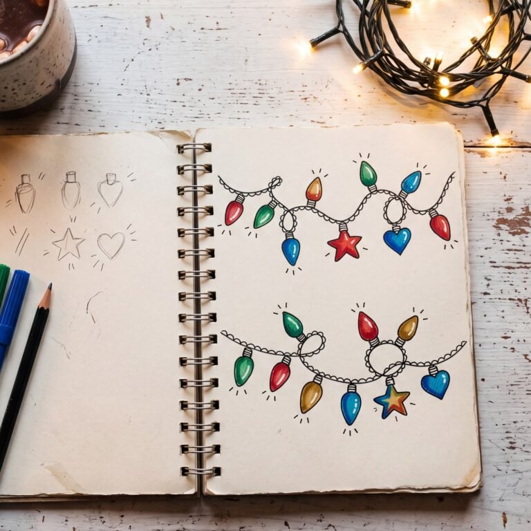 A sketchbook with two strings of doodled Christmas lights coloured in red, green, gold and blue, with star and heart bulbs, beside a string of warm fairy lights