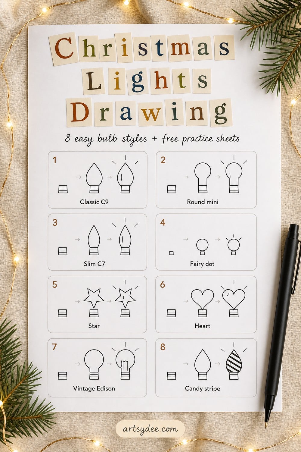 Christmas lights drawing: a printed practice sheet of 8 easy bulb styles, each drawn in three steps, with fairy lights and pine