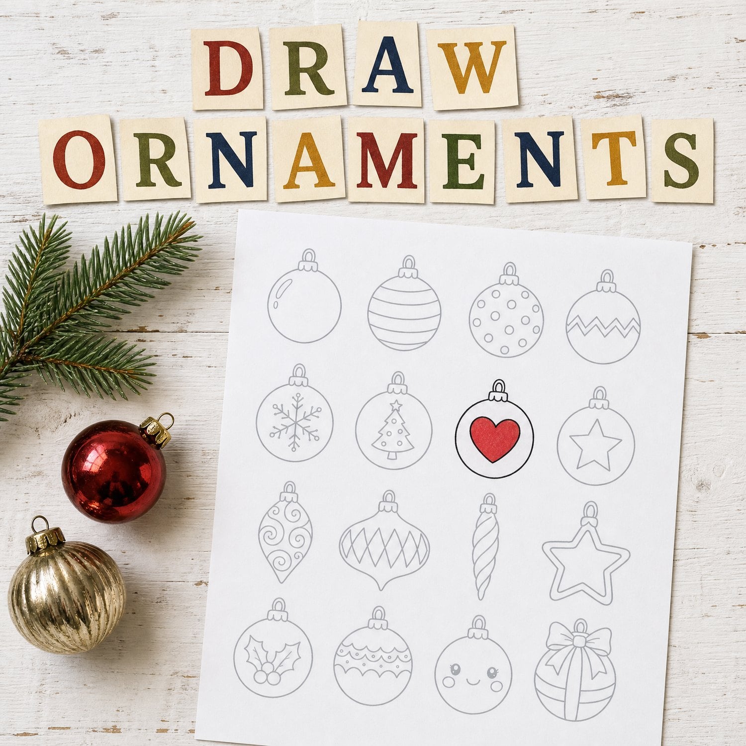 A printed page of sixteen Christmas ornament drawings to trace, one heart bauble coloured red, beside a fir sprig and two glass baubles, under cut-paper letters spelling Draw Ornaments