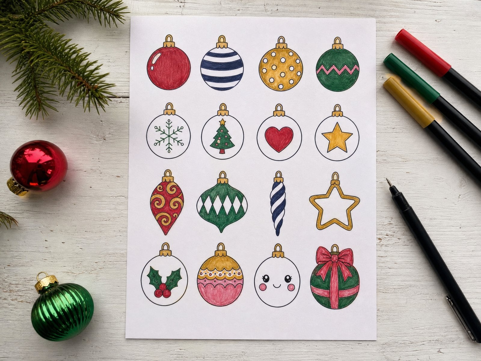 Sixteen Christmas ornament drawings coloured in red, green, gold and navy with markers, with brush pens and glass baubles on a wooden desk