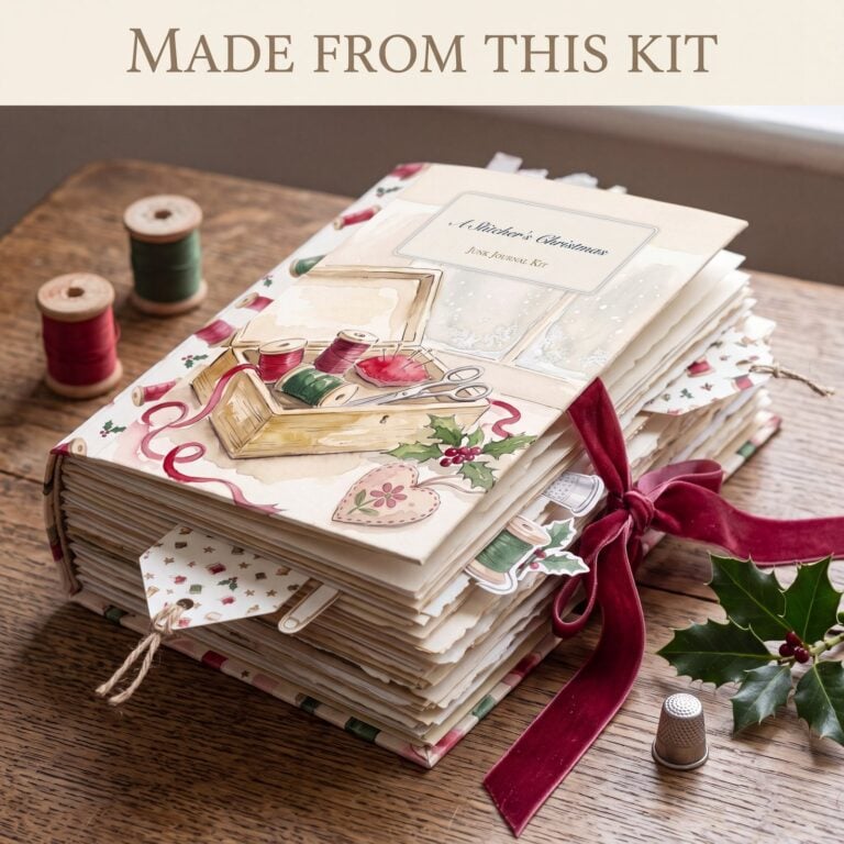 A finished chunky Christmas sewing junk journal made from the Stitcher's Christmas kit, tied with red velvet ribbon