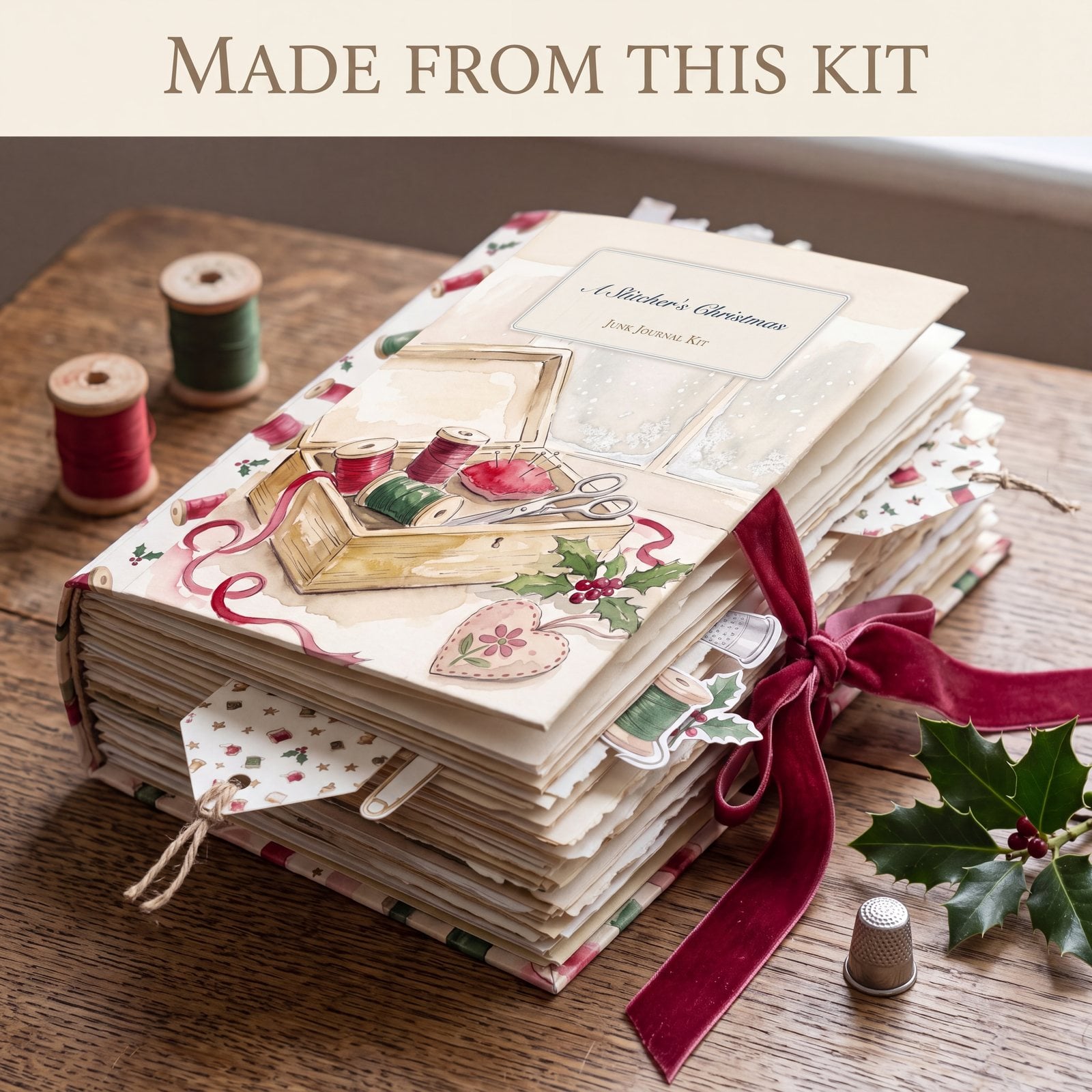 A finished chunky Christmas sewing junk journal made from the Stitcher's Christmas kit, tied with red velvet ribbon