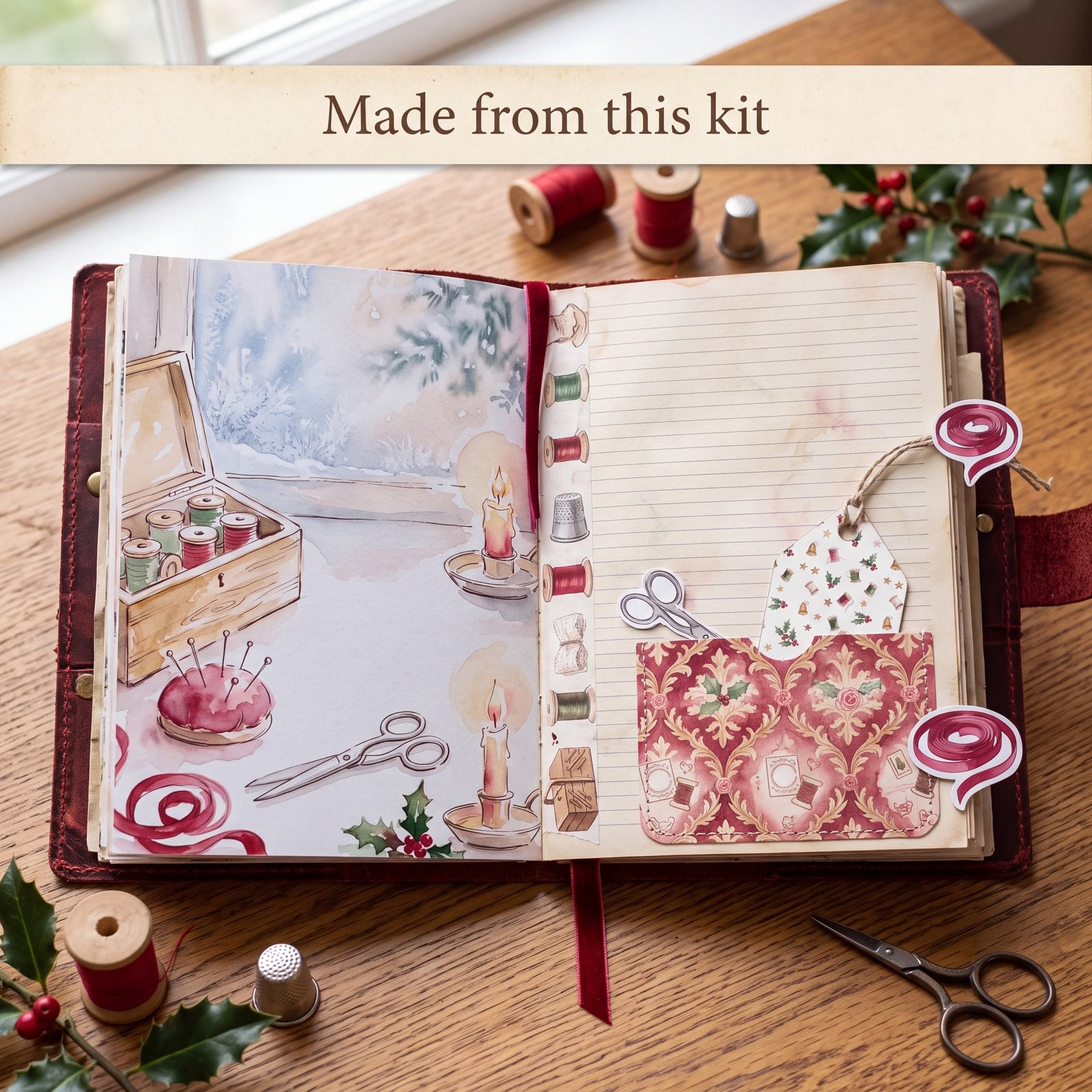 An open Christmas sewing junk journal with a sewing-box scene, a lined page and a tucked-in gift tag
