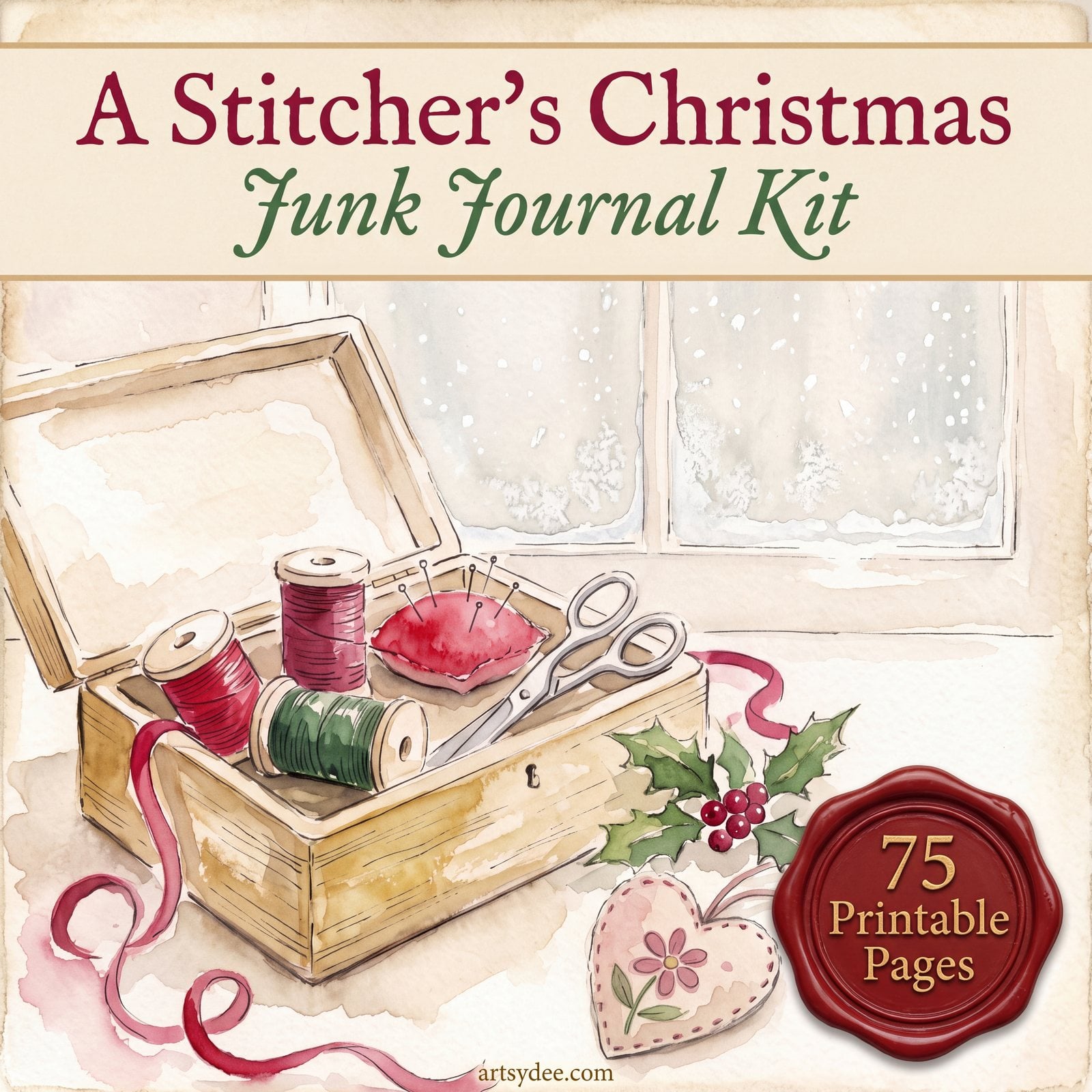 A Stitcher's Christmas junk journal kit cover: a watercolour sewing box with cotton reels, scissors and holly