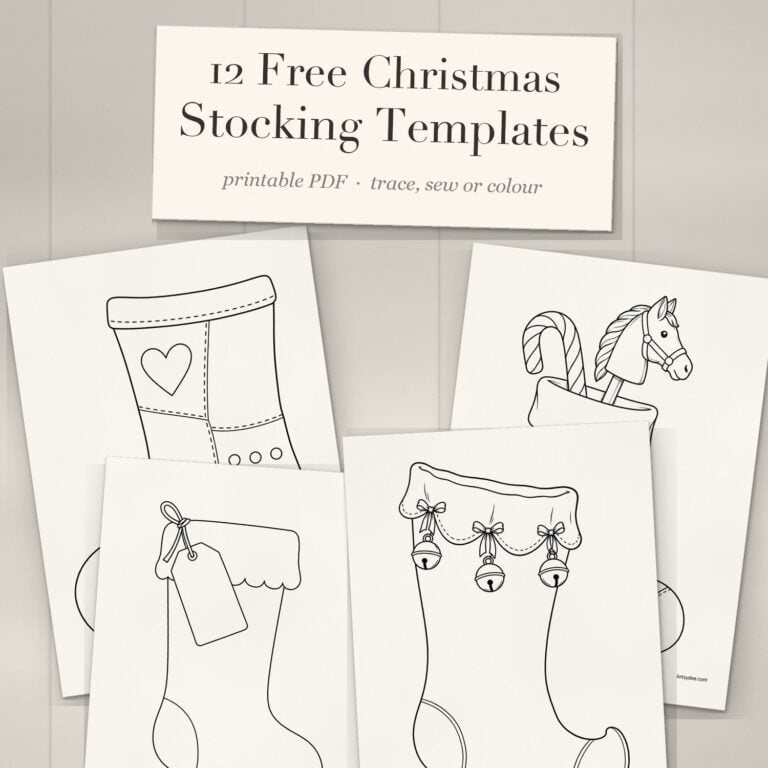 Printed Christmas stocking templates fanned out on a white-washed desk under a cream title card reading 12 Free Christmas Stocking Templates