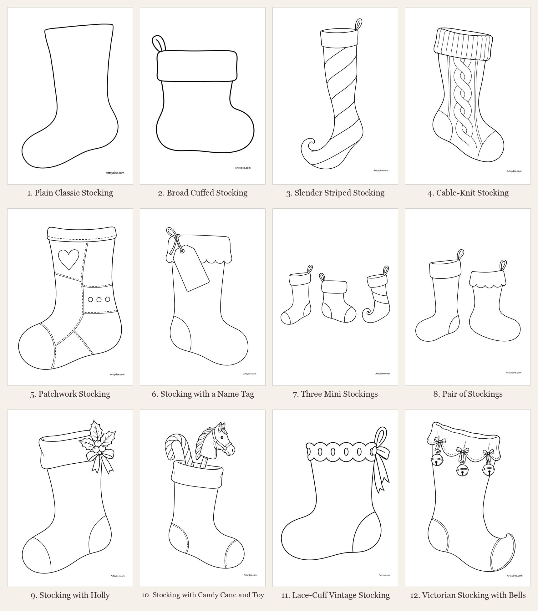 All 12 free Christmas stocking templates at a glance: plain classic, broad cuffed, slender striped, cable-knit, patchwork, name tag, three minis, a pair, holly, candy cane and toy, lace-cuff vintage and Victorian with bells