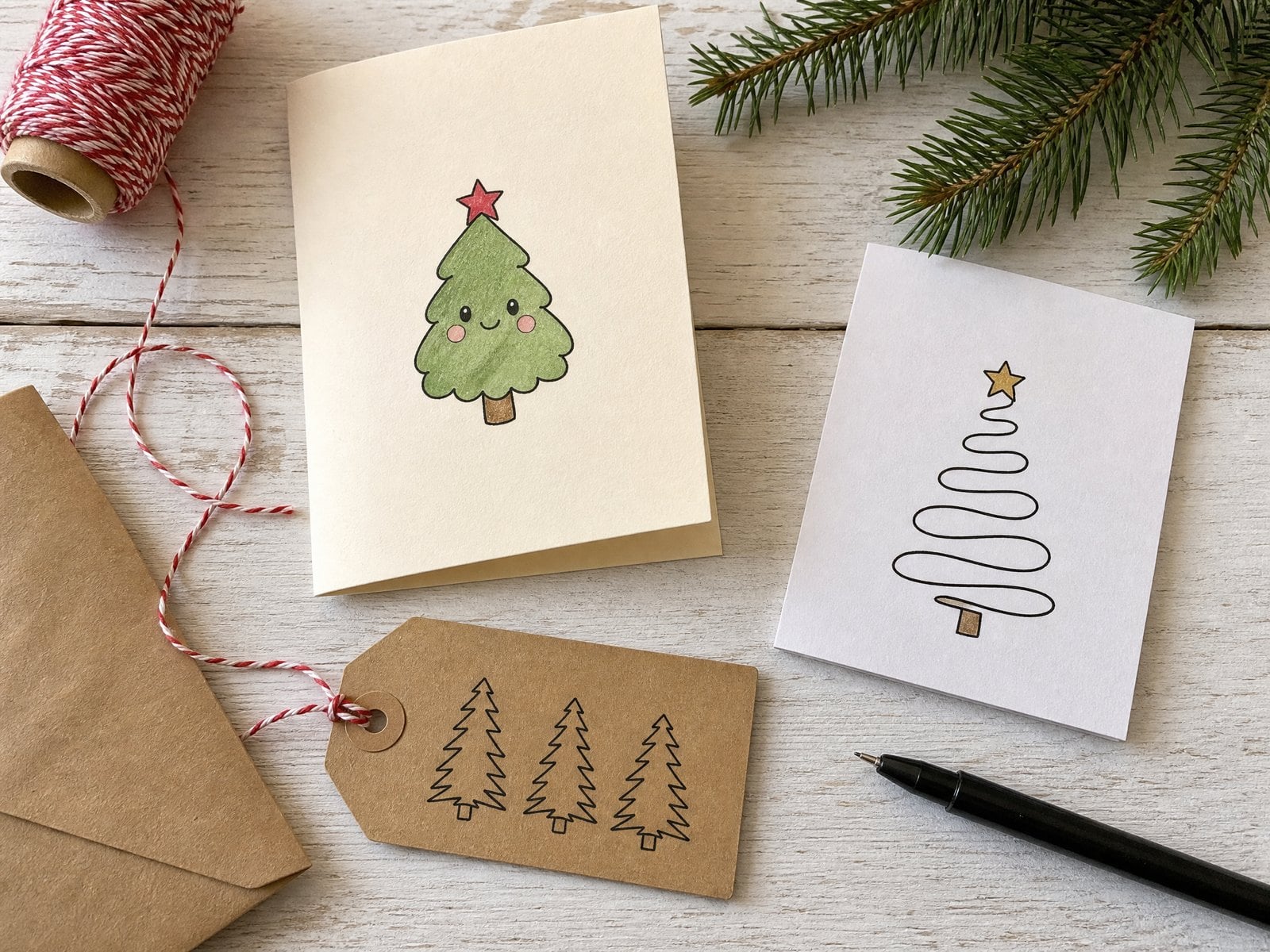 Christmas tree doodles on homemade cards and a kraft gift tag: a cute smiling tree, a swirl tree and three little pines, with baker's twine