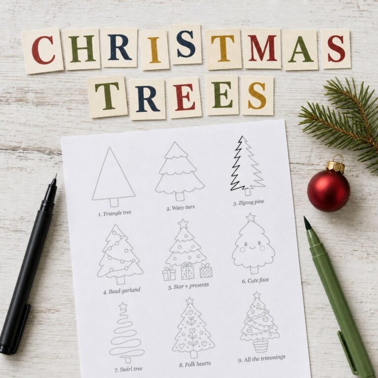 A printed page of nine Christmas tree drawings to trace, with a fineliner, a green brush pen, a fir sprig and a red bauble, under cut-paper letters spelling Christmas Trees