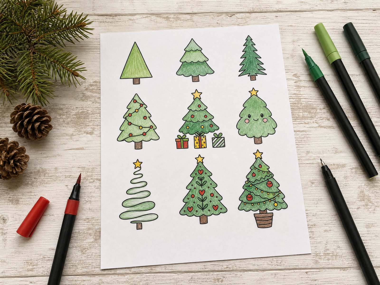 Nine Christmas tree drawings coloured in with green markers and coloured pencils on a printed sheet, with brush pens and pinecones