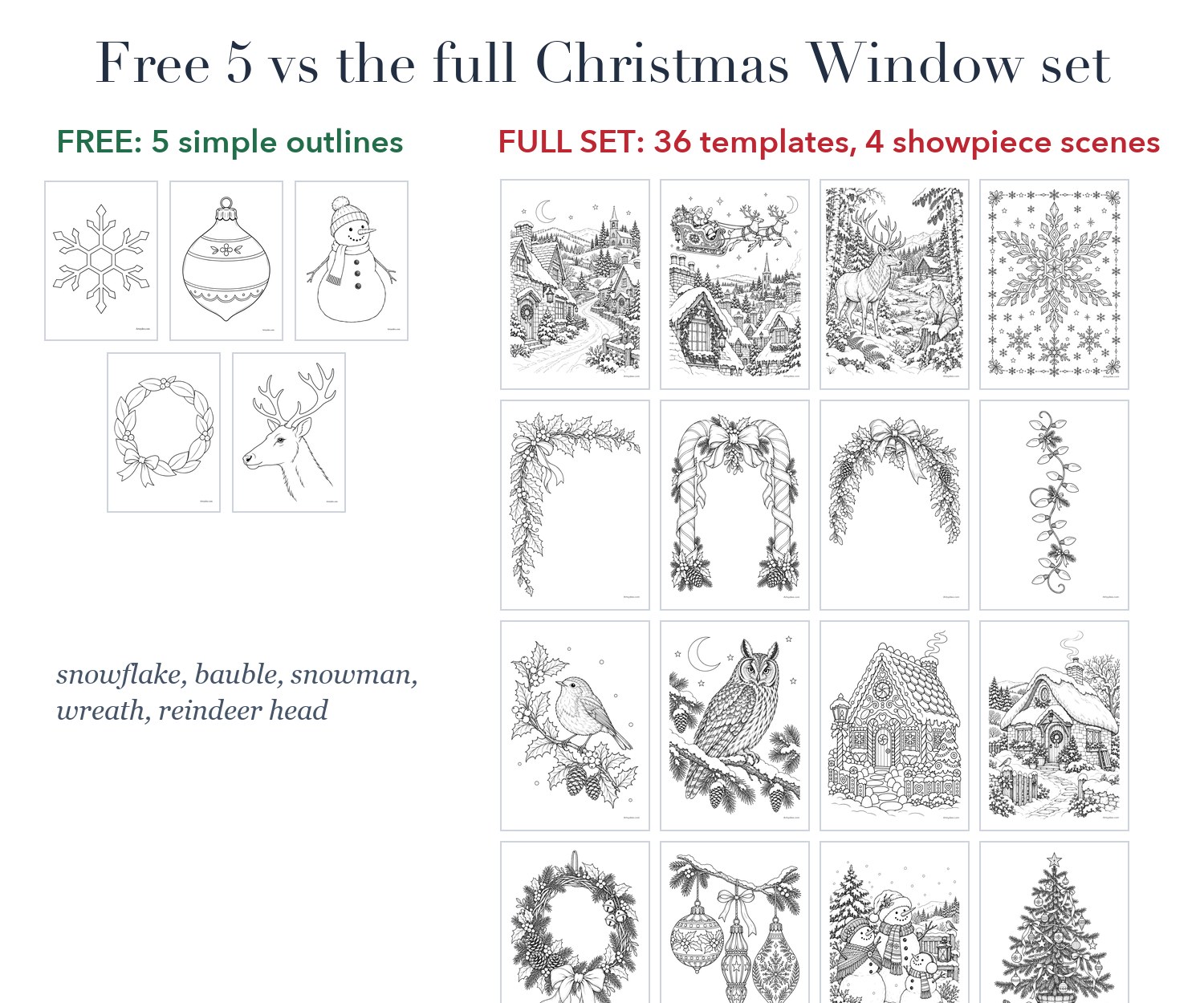 The 5 free Christmas window templates next to 16 of the 36 pages in the full Christmas Window set, including the four showpiece scenes, corner swags and arches