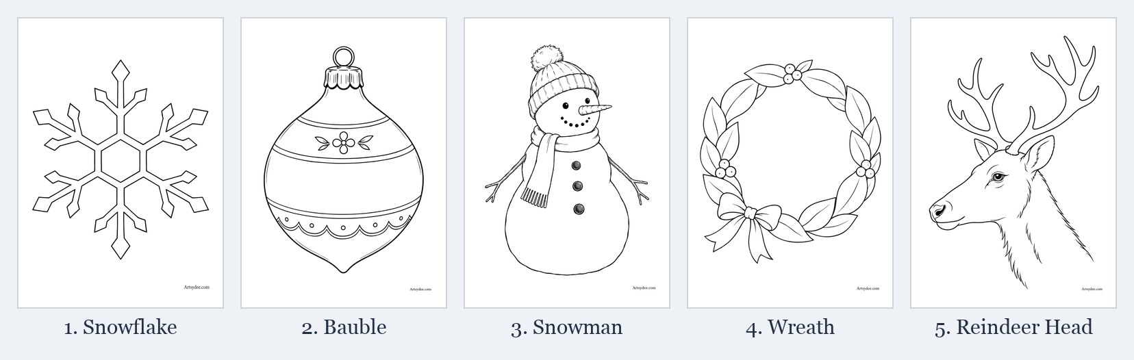 All 5 free Christmas window drawing templates at a glance: snowflake, bauble, snowman, wreath and reindeer head