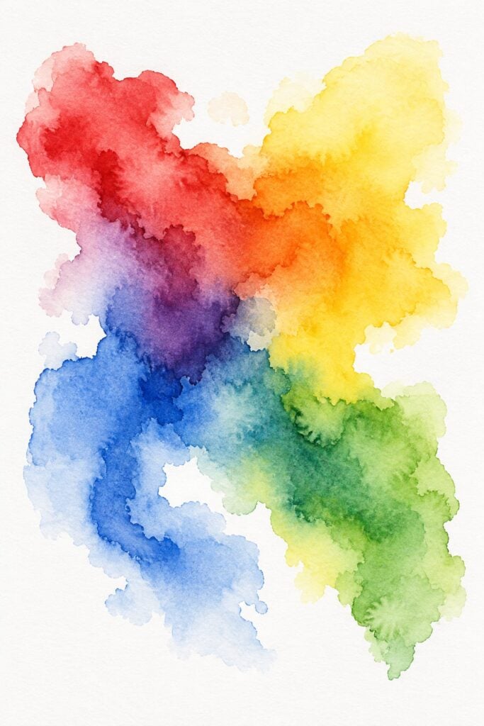 Easy watercolor example of soft red, yellow, green and blue washes blending into each other on white paper