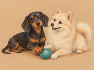 Colored pencil drawing of a dachshund and a fluffy spitz playing with a ball