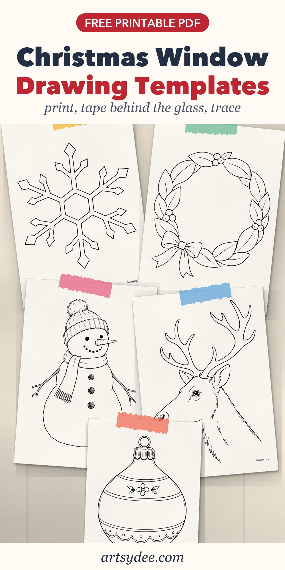 Pin: free Christmas window drawing templates, printed and taped up: snowflake, wreath, snowman, reindeer head and bauble