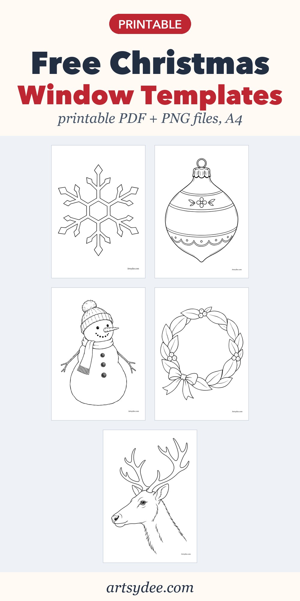 Pin: free printable Christmas window templates, the five pages of the PDF: snowflake, bauble, snowman, wreath and reindeer head