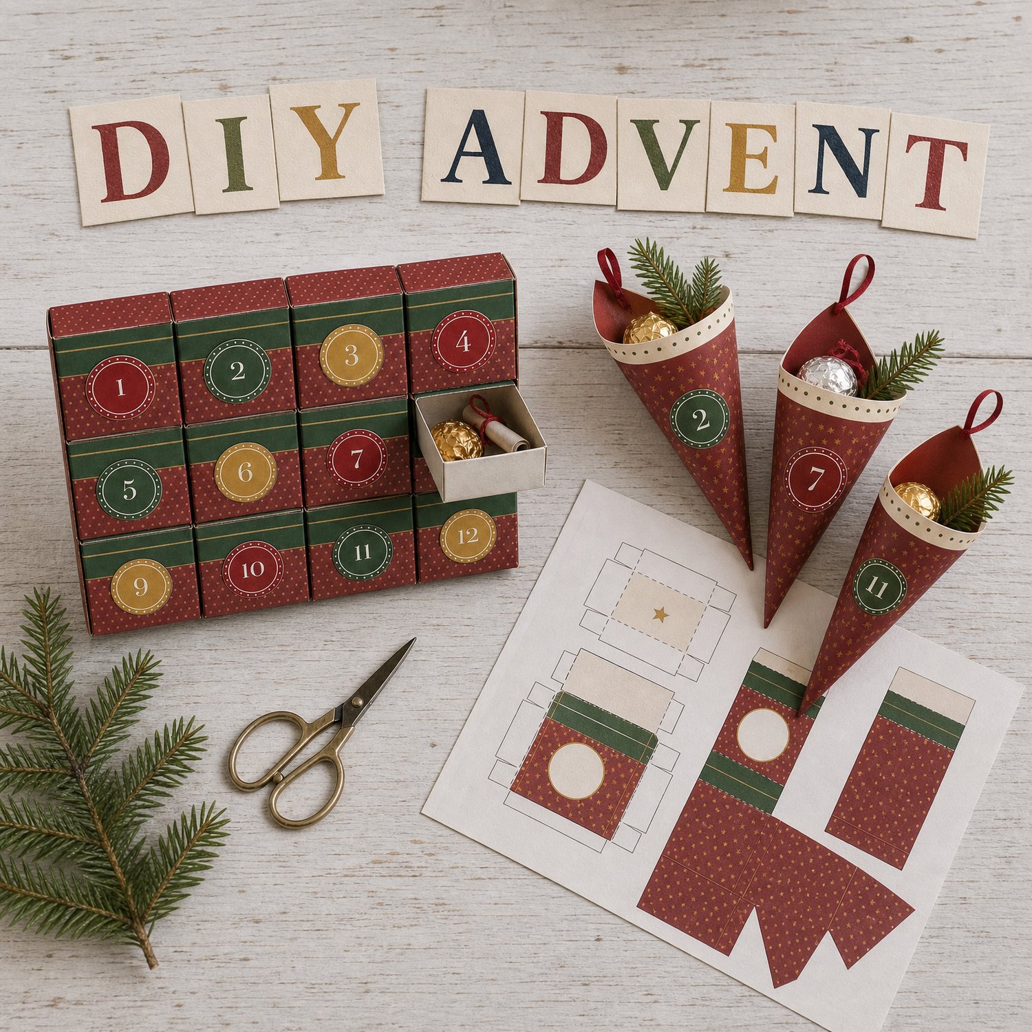 Handmade paper matchbox drawers and red paper cones with round number seals on a desk, under cut-paper letters spelling DIY Advent