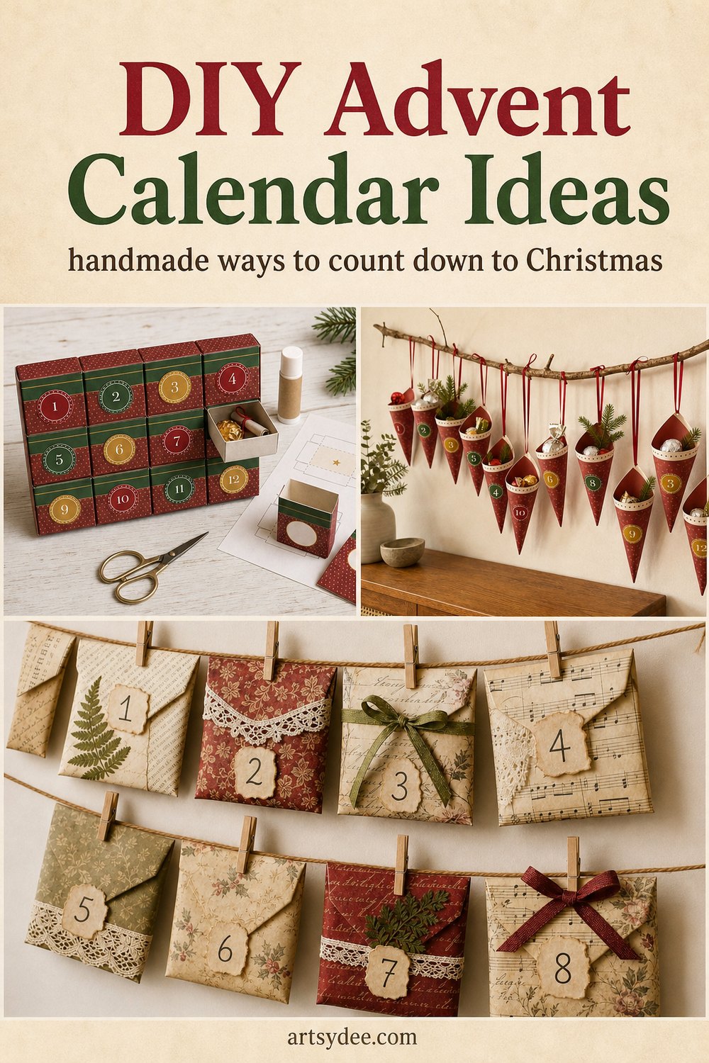 DIY advent calendar ideas: a chest of paper matchbox drawers, red paper cones on a branch and junk journal envelope bunting on a string