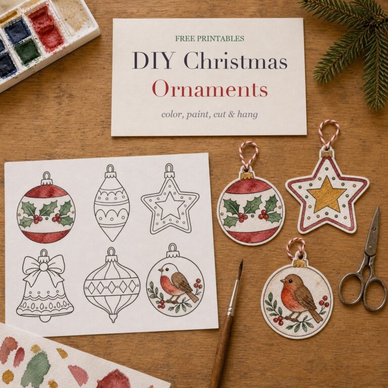 A printed sheet of six Christmas ornaments, two painted, beside three cut-out watercolor ornaments on twine, paints, a brush and scissors, with a cream card reading DIY Christmas Ornaments
